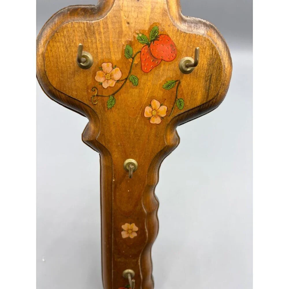 Vtg Decorative Wooden Key Shaped Wall Hook Strawberry Flower Hanging